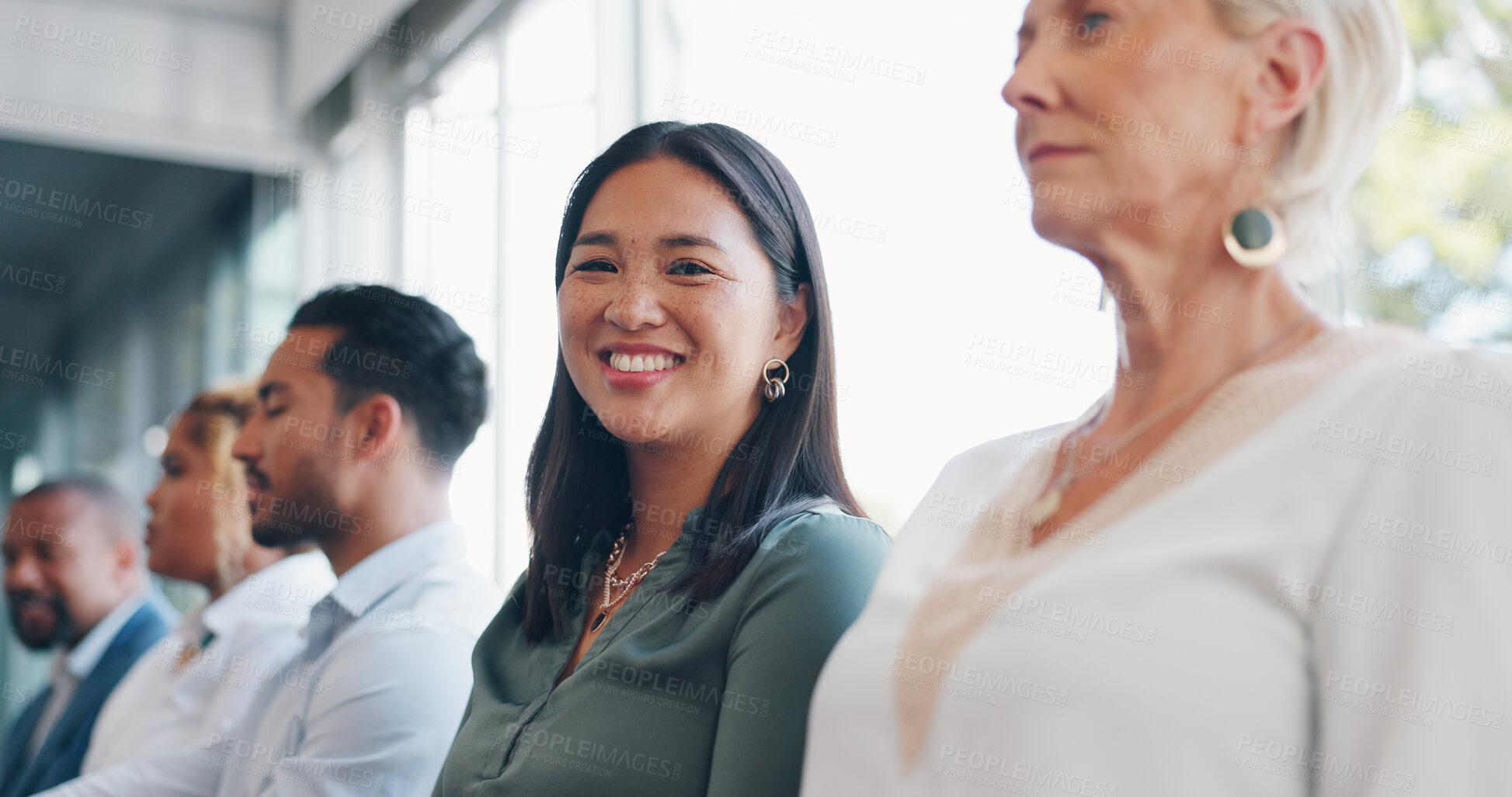 Buy stock photo Face, woman at business seminar for team building and corporate development, training and diversity. Teaching, learning and presentation with coworking, company growth and employee smile in portrait