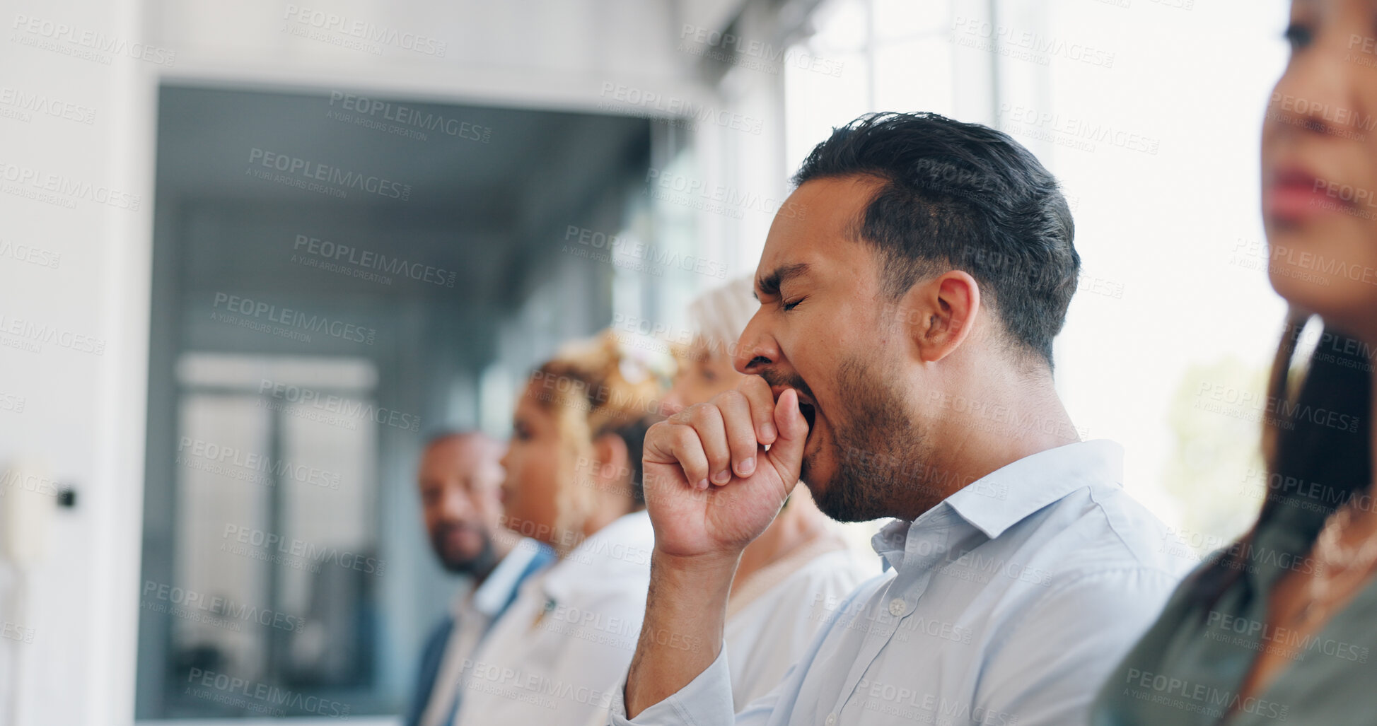 Buy stock photo Tired, yawn and business man in queue for HR meeting, job interview and career opportunity. Corporate office, recruitment and person waiting in line bored, exhausted and fatigued for presentation