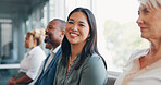 Face, recruitment or business people in a waiting room for a job interview at human resources office building. Portrait, we are hiring or excited woman in queue for an advertising agency or company