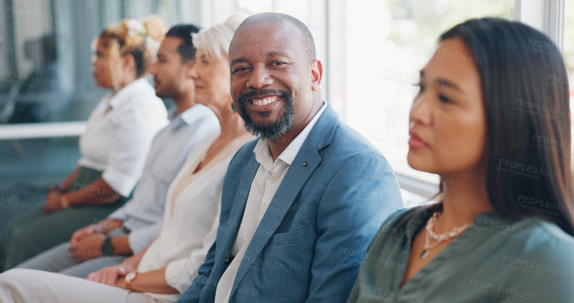 Buy stock photo Face, black man at business seminar for team building and corporate development, training and diversity. Teaching, learn and presentation with coworking, company growth and worker smile in portrait