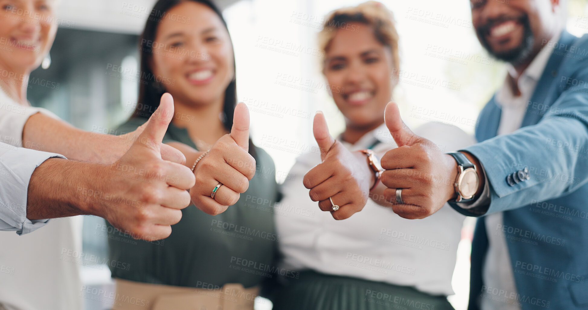 Buy stock photo Collaboration, business people and hands, thumbs up and success with support, diversity and yes with like emoji. Team, meeting and mission with development, growth in company and agreement with group