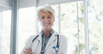 Healthcare, doctor and face of woman in hospital with crossed arms for trust, insurance and support in clinic. Medicine, cardiology and portrait of senior worker for wellness, help and medical care