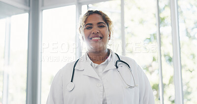 Face, woman and doctor for healthcare, wellness or medicine. Female, portrait or medical professional with smile, leader or confident with uniform, stethoscope or motivation in hospital