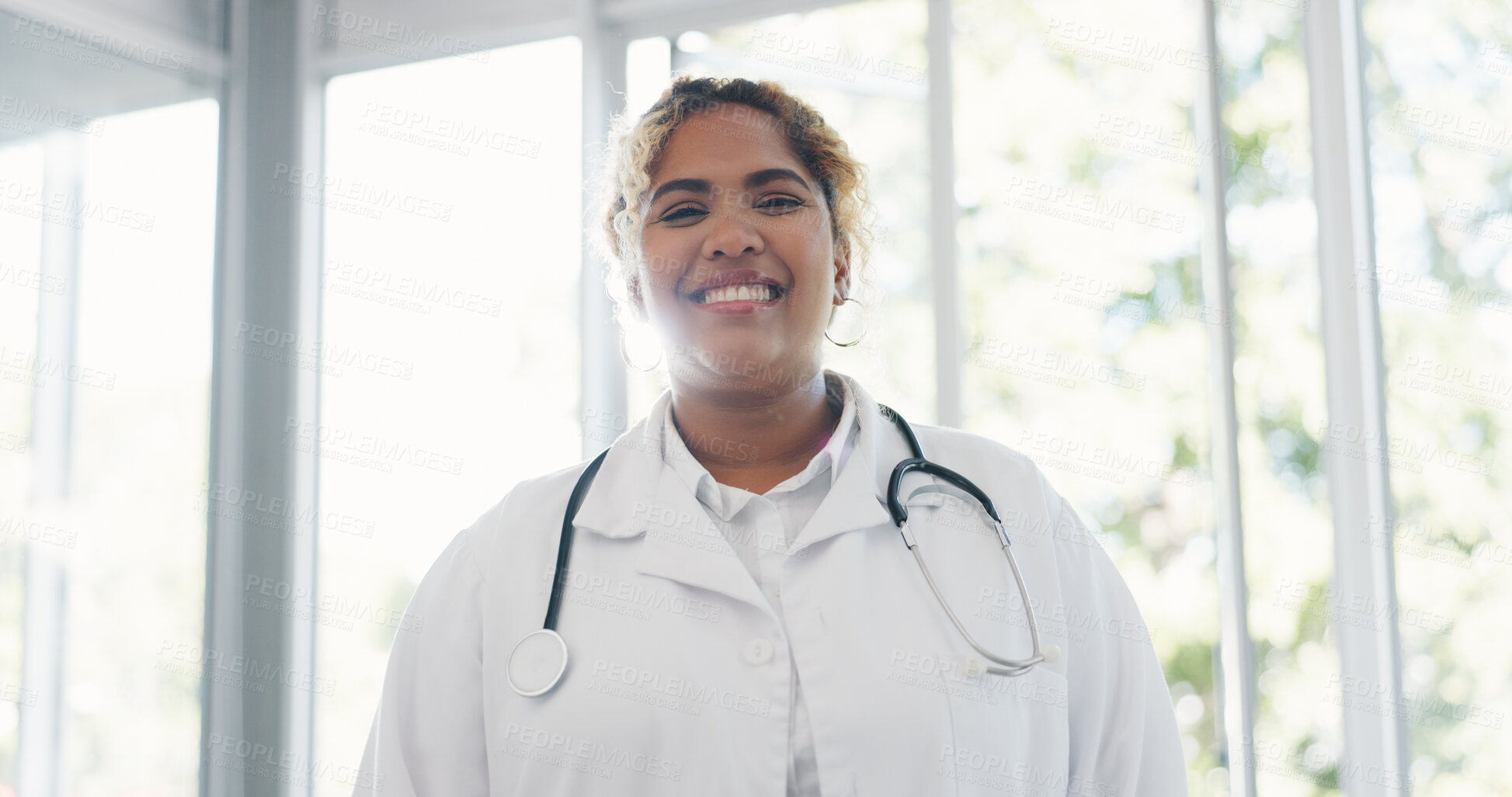 Buy stock photo Happy, doctor and medical with portrait of woman in hospital for consulting, medicine and surgery. Smile, healthcare and wellness with face of person in clinic for cardiology, advice and insurance