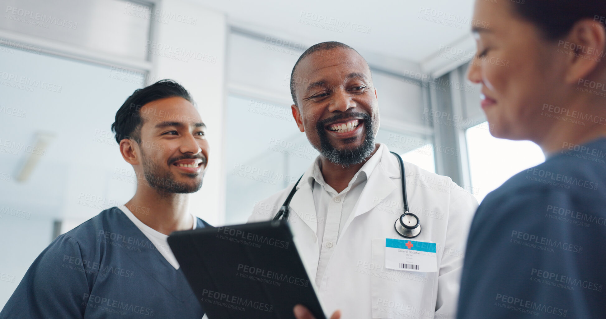 Buy stock photo Tablet, happy and team collaboration, doctors consulting and hospital group doing medical research. Healthcare teamwork, nurses strategy and surgeon smile for medicine innovation, process or feedback