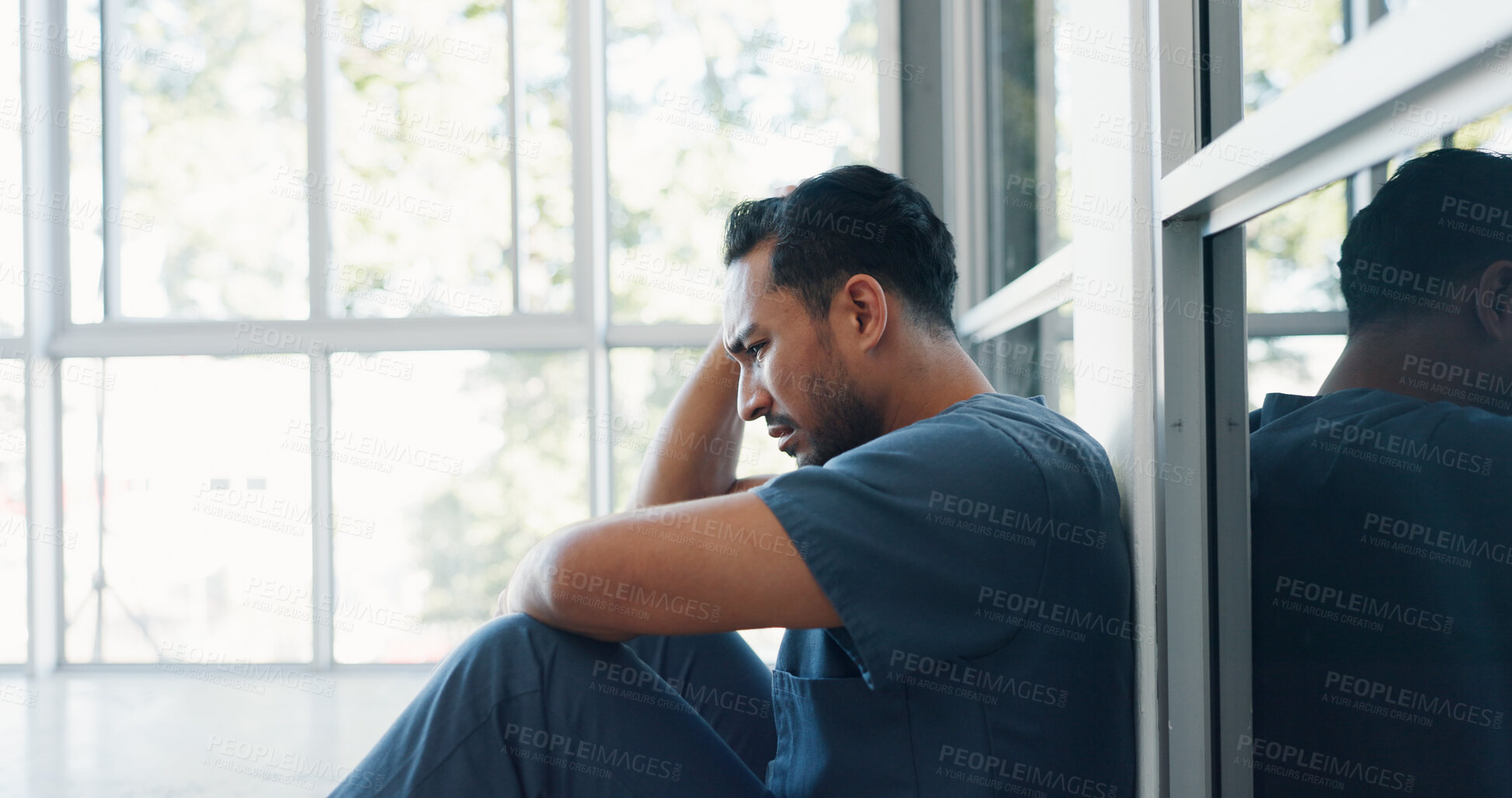 Buy stock photo Nurse, crying and depression of man on hospital floor in death, surgery fail or grief loss of life. Sad, anxiety and medical professional stress, frustrated in challenge and healthcare worker burnout