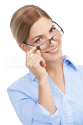 Buy stock photo Portrait, business and woman with glasses, smile and vision with female isolated on white studio background. Entrepreneur, lady and employee with spectacles, happiness or confident with clear sight