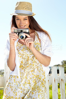 Buy stock photo Photographer, digital camera or woman portrait in holiday location, summer vacation or Germany sightseeing break. Smile, happy or travel influencer and vlogger photography for a tourist review