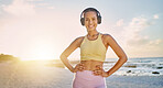 Fitness, exercise and portrait of woman at the beach in morning for healthy lifestyle, wellness and cardio. Sports, nature and happy woman ready for training, running and workout with headphones
