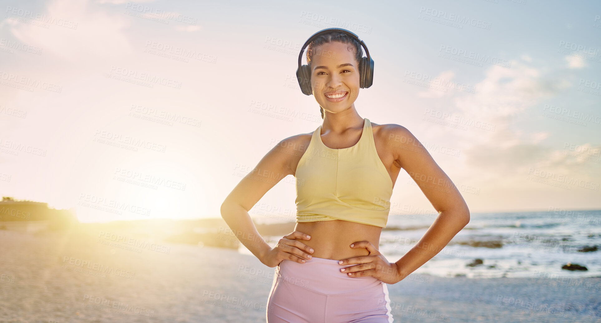 Buy stock photo Fitness, exercise and portrait of woman at the beach in morning for healthy lifestyle, wellness and cardio. Sports, nature and happy woman ready for training, running and workout with headphones