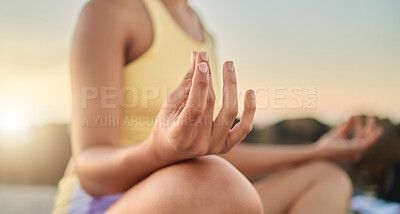 Buy stock photo Yoga, hands or woman in meditation at sunrise in nature for calm relaxing peace, wellness or mindfulness. Chakra, gratitude or healthy spiritual girl in zen lotus pose breathing to meditate or focus