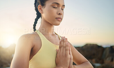 Buy stock photo Yoga, hands or woman in meditation at sunrise in nature for calm relaxing peace, wellness or mindfulness. Chakra, gratitude or healthy spiritual girl in zen lotus pose breathing to meditate or focus