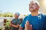 Senior couple, yoga and fitness exercise for wellness, zen and relax in a garden, peace and calm. Health, workout and elderly man with woman in a yard for training, meditation and cardio in Mexico