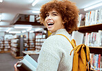 Books, education or happy woman in library walking or reading for knowledge or development for growth. Scholarship, laugh or funny school student smiles studying or learning college information 