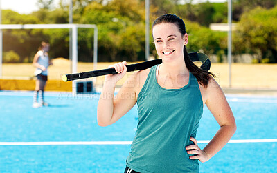 Buy stock photo Happy woman, hockey stick and portrait of a sport player on outdoor field. Athlete person, smile and and sun with a sports female ready for game training, exercise and fitness workout with happiness 