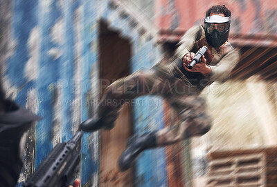 Buy stock photo Paintball, aim and man jumping with gun on outdoor battlefield for game, training or practice. Shooter, blur motion and male in military shooting a sniper to target with strategy while playing match.