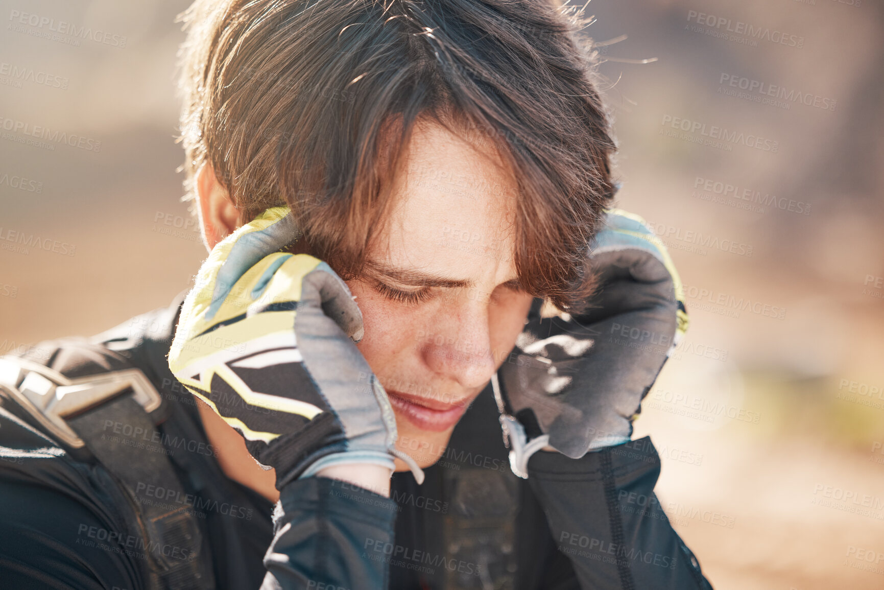 Buy stock photo Headache, thinking and man in nature for cycling, motorcycle stress and sad about fail. Depression, mental health and biker with a migraine after training for sports with competition fear in France