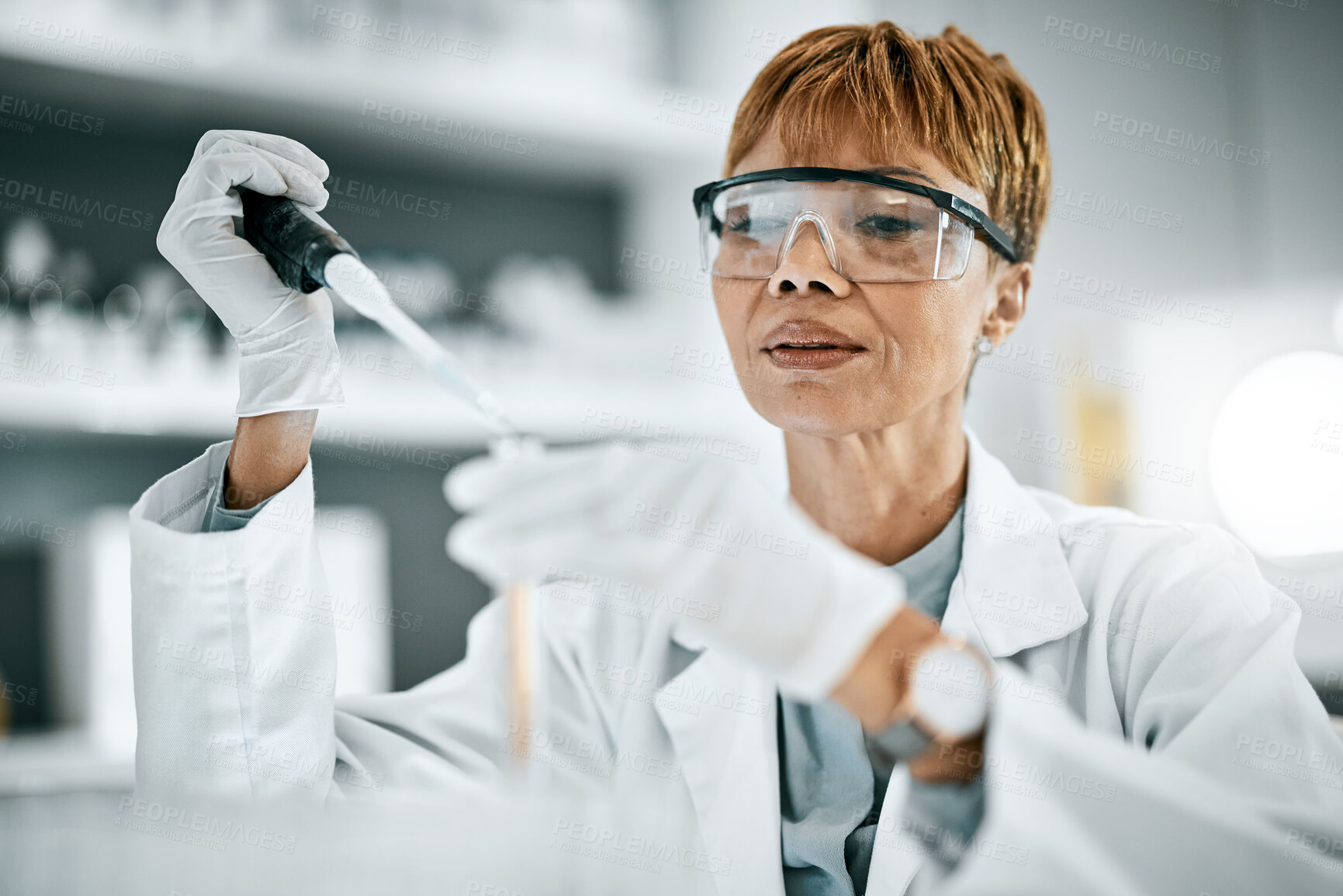 Buy stock photo Test tube, science and black woman scientist in laboratory research, analysis and chemistry vision, safety and focus. Liquid exam of chemical, solution or medical study professional, person or expert