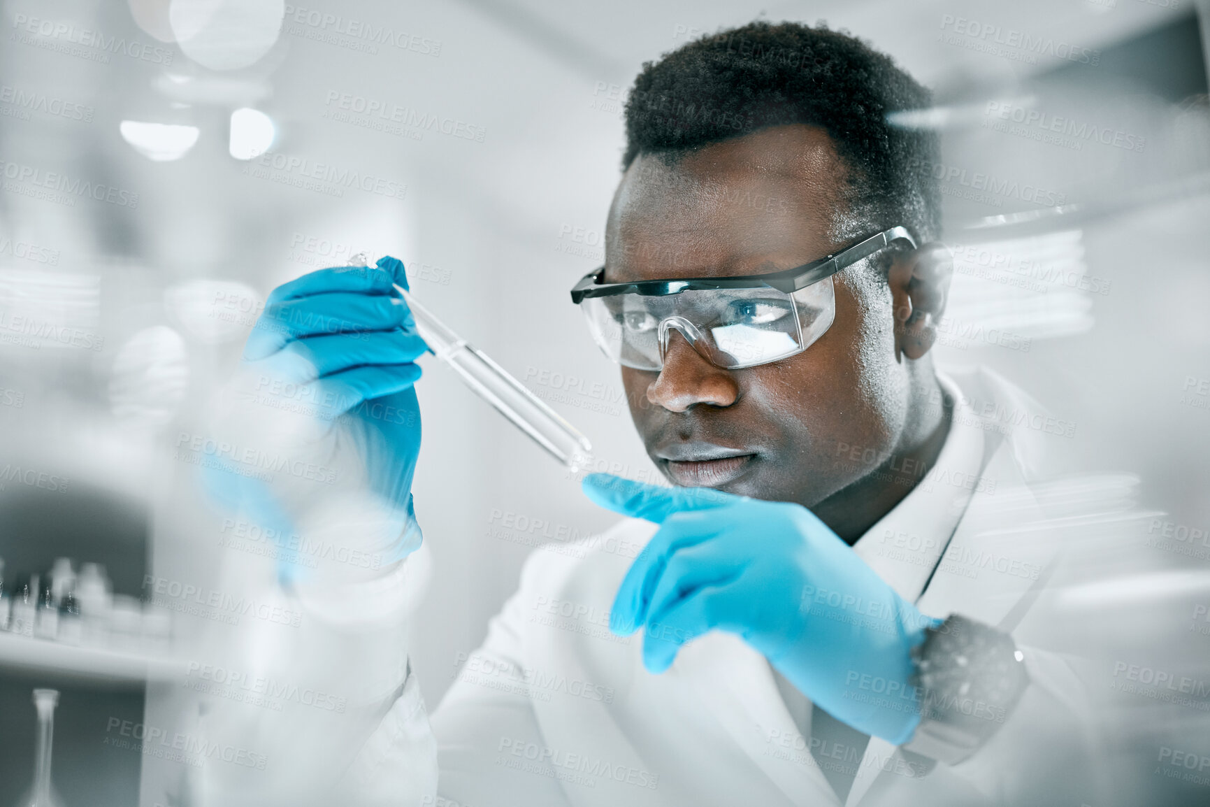 Buy stock photo Doctor, test tube or black man in science laboratory on DNA research, medical and medicine data analysis. Covid, healthcare doctor or nurse for health, cancer innovation or virus test study in clinic