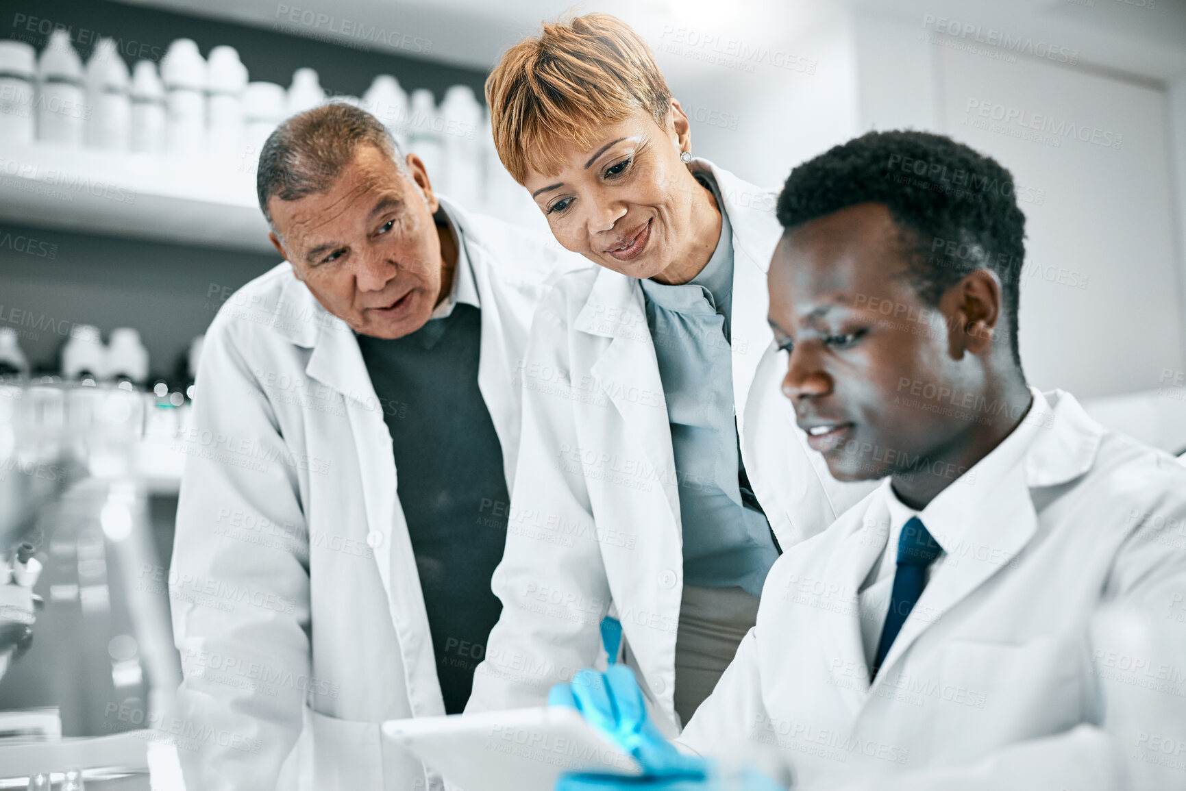 Buy stock photo Doctor, research or scientist people with tablet in science lab for DNA search, medical or medicine data analysis. Happy, health teamwork or nurse on healthcare, cancer innovation or virus test study