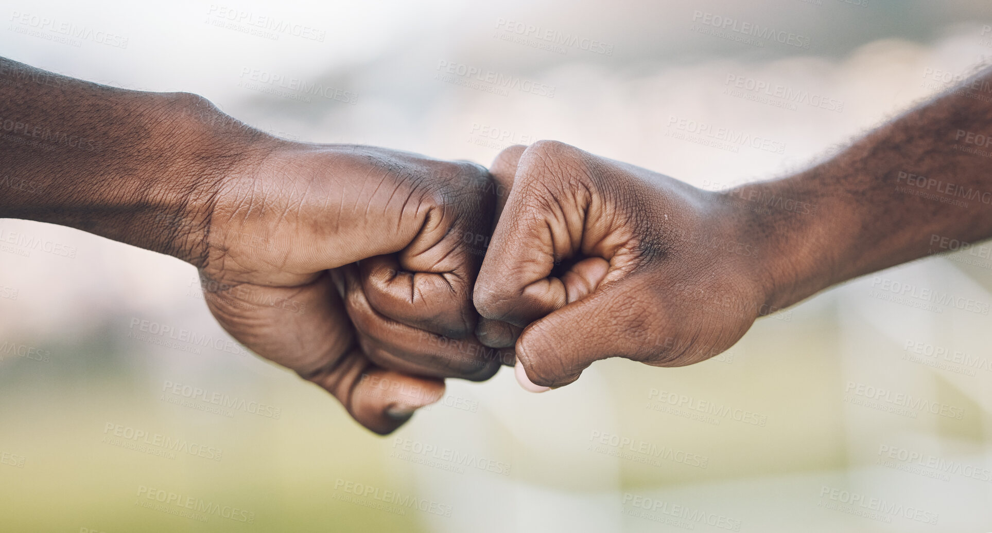 Buy stock photo Fist bump, closeup and hands celebrating as teamwork on sports field winning and power of working together. Team, support and unity of teammates in collaboration or partnership with motivation