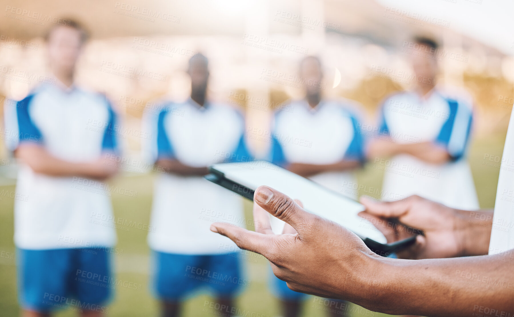 Buy stock photo Football, soccer and team statistics on a tablet and coach analysis online, internet or website on a sports field. Teamwork, digital and tactics by modern trainer tracking performance analytics