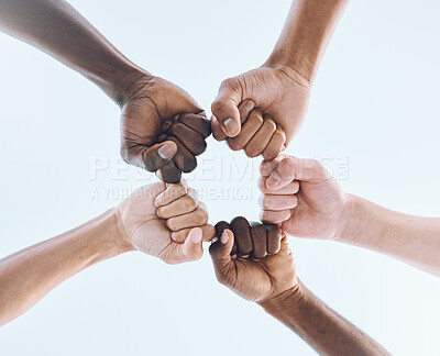Buy stock photo People, team and hands or fist bump of men in support of sport, collaboration and game strategy on sky. Teamwork, players and man group hand huddle for fitness, motivation and bottom of training goal