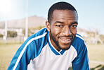 Soccer, fitness and portrait of black man with smile on face with mission and mindset for winning game in Africa. Confident, proud and happy professional football player at exercise or training match