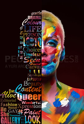 Buy stock photo LGBTQ, gay and portrait of a woman with paint on body isolated on a black background. Freedom, love and model with rainbow painting for celebration of pride, expression and choice on a backdrop