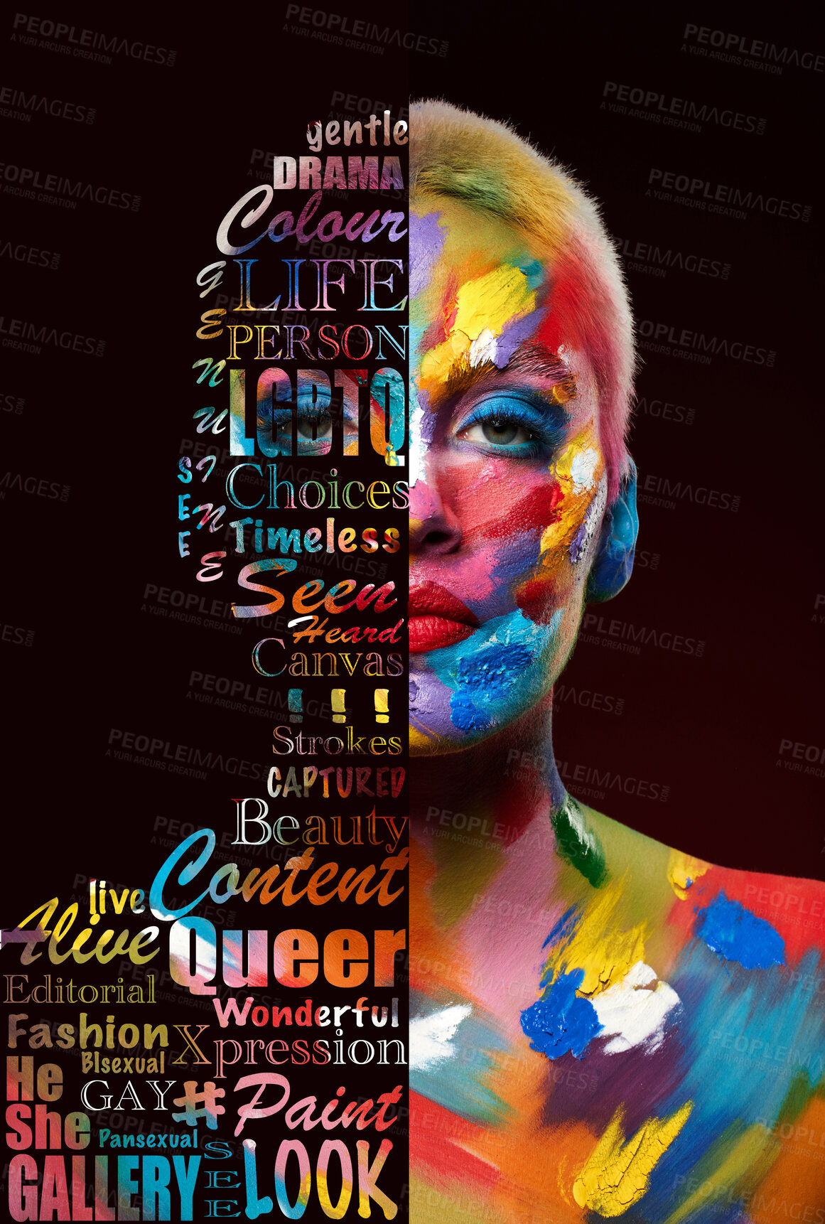 Buy stock photo LGBTQ, gay and portrait of a woman with paint on body isolated on a black background. Freedom, love and model with rainbow painting for celebration of pride, expression and choice on a backdrop