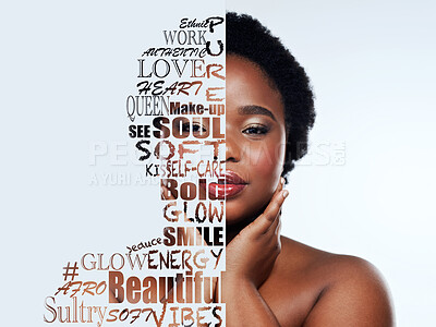 Buy stock photo Black woman, face and quotation with motivation poster with beauty and portrait isolated on white background. Quote overlay with inspiration, skincare and wellness, creative and skin glow in studio