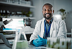 Scientist black man, portrait and lab with smile for research, plants and vision with innovation with senior woman. African science expert, happy and motivation at desk with pride, goals and mission