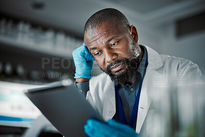 Buy stock photo Scientist man, stress and technology for medical research in a laboratory with slow internet. Science person or doctor frustrated at desk with fatigue, burnout and mental health working on tablet