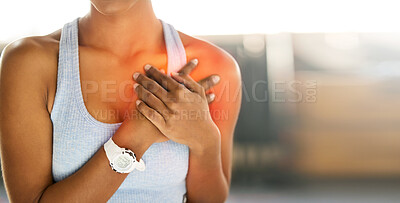 Buy stock photo Hands, heart attack and health with a sports woman suffering from cardiac arrest outdoor during a workout. Fitness, chest pain and emergency with a female athlete holding her body for cardiology