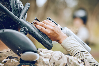 Buy stock photo Man in paintball game, gun in hand and sports, fitness and battlefield challenge, war and soldier outdoor. Extreme sport, exercise with shooting range and military mission and training in camouflage