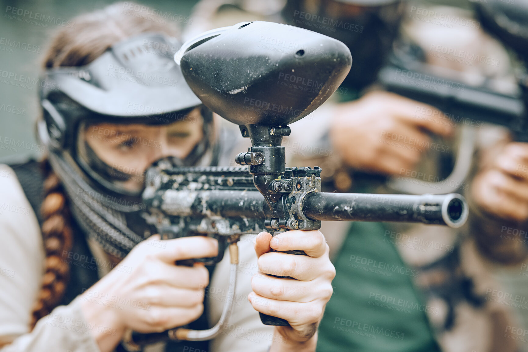 Buy stock photo Paintball, sports and woman aim with gun for shooting ready for games, arena match and battlefield in woods. Adrenaline exercise, adventure and girl with weapon in camouflage, action and safety gear