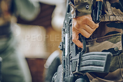 Buy stock photo Paintball, military or hands with a gun in a shooting game playing with on a fun battlefield mission. Zoom, soldier or focused man with weapons gear for survival in an outdoor warrior competition