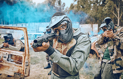 Buy stock photo Paintball, teamwork and shooting with people in field for sports, target and fitness games. War, smoke and community with man gamer playing in camouflage for military, army and competition training