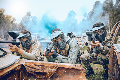 Buy stock photo Paintball gamer, team shooting and soldier group for military, army and field game training. Exercise, fitness and target goal of a men on battlefield together in a sports event outdoor with focus