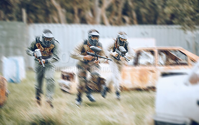 Buy stock photo Paintball, team work or men running in a shooting game with speed or fast action on a fun battlefield. Mission focused, military or people running with weapons or guns for survival in a competition 