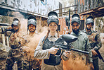 Paintball gun, team portrait and color smoke for a sports game, competition or challenge. Diversity men and women group for military, soldier or army person in outdoor battlefield ready to fight