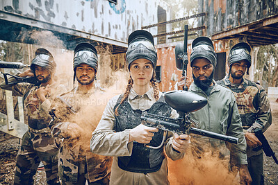 Buy stock photo Paintball gun, woman portrait and leader in smoke for a sports game, competition or challenge. Diversity men and strong warrior team for military, soldier or army fight outdoor in war battlefield