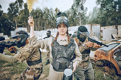 Buy stock photo Start, battle and girl with smoke during paintball, military training and army game in Spain. War, alert and woman playing with gear and equipment during a competition, sports and action on a field