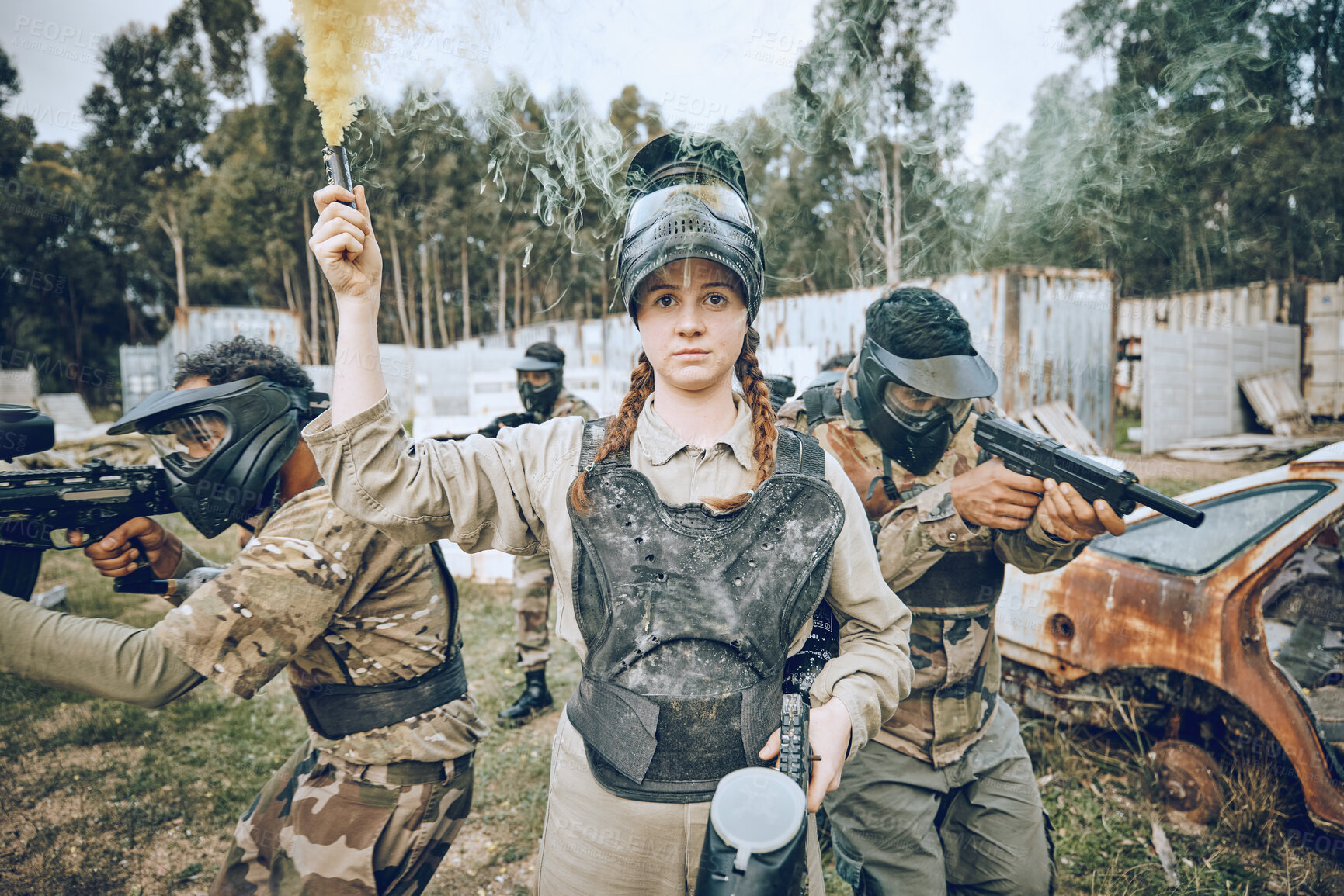 Buy stock photo Start, battle and girl with smoke during paintball, military training and army game in Spain. War, alert and woman playing with gear and equipment during a competition, sports and action on a field