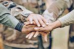 Army, huddle or hands with a mission, strategy or motivation on a paintball or military battlefield in nature. Goals, team work or people with support in a partnership or group of ready soldiers