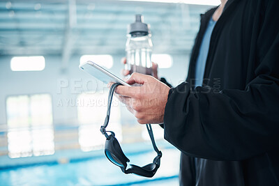 Buy stock photo Man hands, phone texting and swimming pool with goggles, water bottle or communication on social media. Aquatic sports coach, smartphone and typing on screen with mobile app, website or internet chat