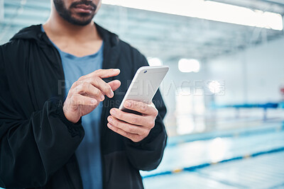 Buy stock photo Man hands, smartphone texting and swimming pool with communication, email and social media contact. Aquatic sports coach, phone and typing on screen with mobile web app, website and writing for chat
