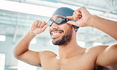 Buy stock photo Swimming athlete, happy man and start race, fitness and exercise at pool, motivation and active lifestyle. Water sports, smile on face and workout, training for health and wellness with sport goggles