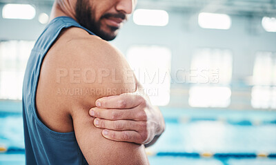Buy stock photo Sports, arm pain and man by swimming pool with injury, muscle ache and inflammation from workout. Wellness, medical care and hands of male with accident or bruise from fitness, exercise or training