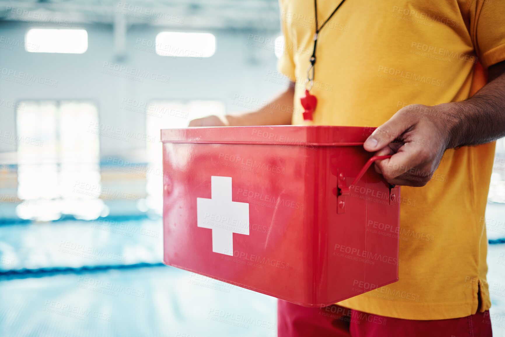 Buy stock photo Box, safety or hands of a lifeguard by a swimming pool helping rescue the public from water danger or drowning. Zoom, trust or man with a medical kit ready for emergency injury support in an accident